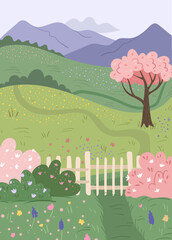 Nature landscape with mountains and hills, meadow with blooming flowers and park with fence. Vector wild scenery with cherry tree blossom, bushes and floral grass, path for walking outdoors