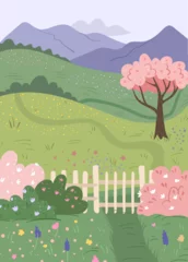 Fototapeten Nature landscape with mountains and hills, meadow with blooming flowers and park with fence. Vector wild scenery with cherry tree blossom, bushes and floral grass, path for walking outdoors © Sensvector