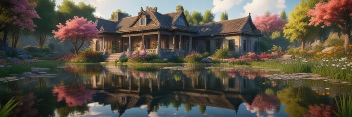 Obraz premium Ancient mansion reflected in the calm surface of a pond with blooming flowers and surrounding grass, countryside scenery, rural landscape