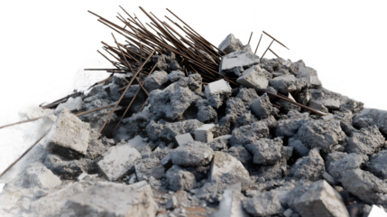 Pile of Concrete Debris with Steel Rebars Isolated on White Background