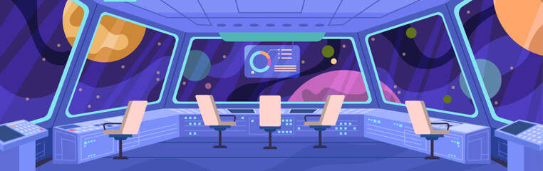 Cockpit for controlling internal systems of spacecraft and its propulsion systems. Vector space travel and spacewalking, futuristic design of cabin for capitan pilot and team. Computers and displays © Sensvector