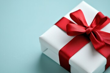 White gift box with red ribbon on light blue background