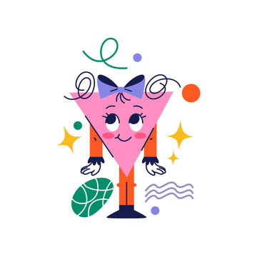 Naklejki Geometric figure personage with bow ribbon and cute facial expression. Isolated mascot girl with smile and eyes. Vector cartoon character, sticker or emoji, female creature in shape of triangle