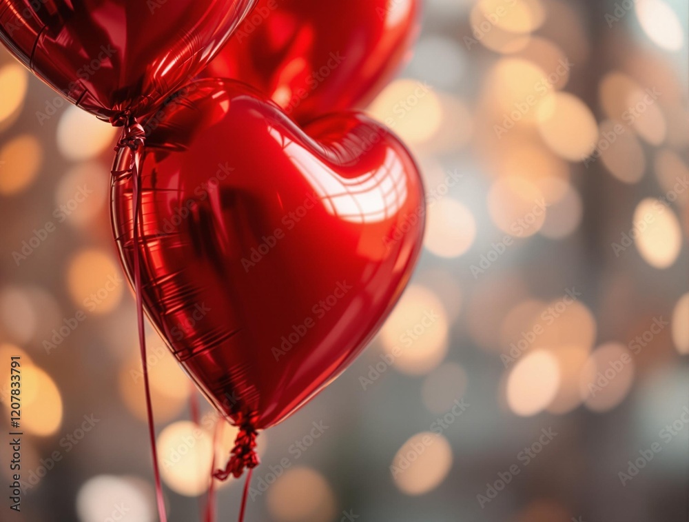 Poster a pair of red heart-shaped balloons floating against a blurred background with warm, golden bokeh li