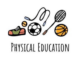 Physical education in school, college or university. Vector flat cartoon icons students curriculum. Physical betterment and activity, sports and competitions for pupils. Active lifestyle development
