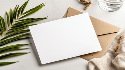 A blank white card and envelope rest on a table with a glass of water and palm leaf, creating a serene and minimalist atmosphere