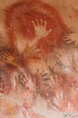 Vertical Image of Rock ledge on Rio Pinturas where famous rock paintings of handprints and animals are located. Location: Cueva de las Manos, UNESCO World Heritage Site, Patagonia, Argentina