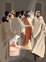 Biblical vector illustration series. Jesus heals the bleeding woman