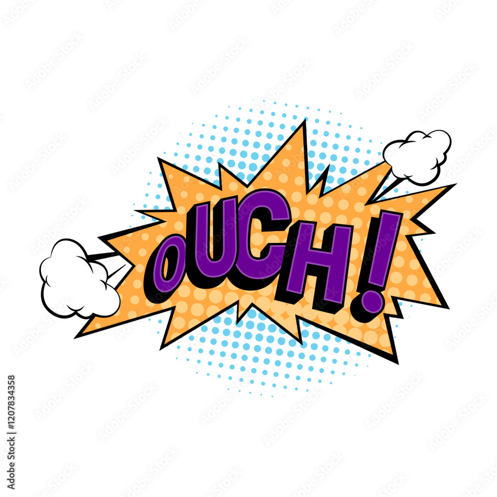 Poster Ouch sound effect for comic books and characters emotion expression. Vector isolated bubble of cloud or explosion with noise to express pain. Personages words or thought, pop art style design