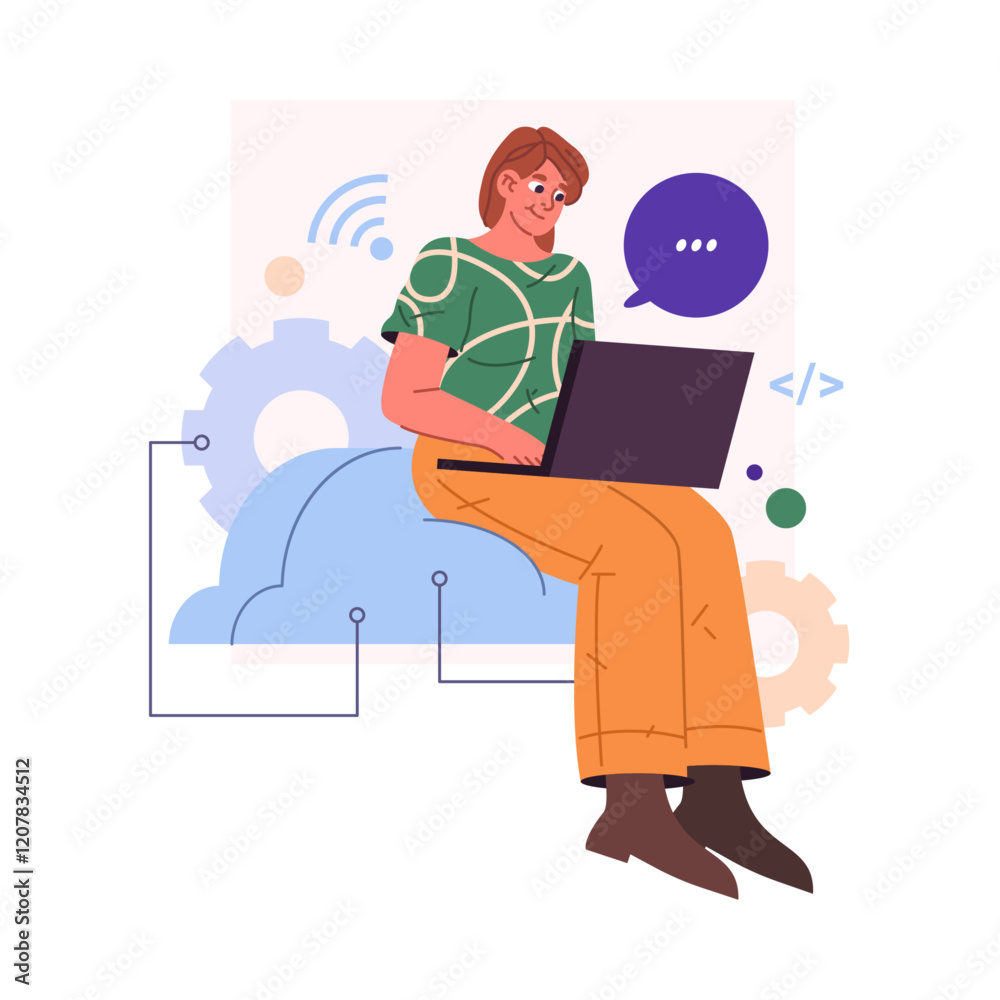 Fototapete Employee working on laptop using cloud computing system or application service. Vector access to files and documents through network and wifi, remote server with personal information and backup