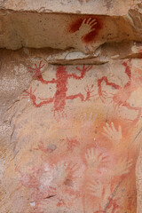 Vertical Image of Rock ledge on Rio Pinturas where famous rock paintings of handprints and animals are located. Location: Cueva de las Manos, UNESCO World Heritage Site, Patagonia, Argentina