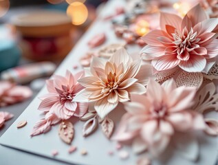 Fototapeta premium a close-up of a delicate paper craft featuring pink and beige flowers with scattered petals, set against a blurred background with warm lighting.