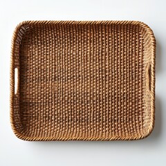 Rectangular woven rattan serving tray with handles.