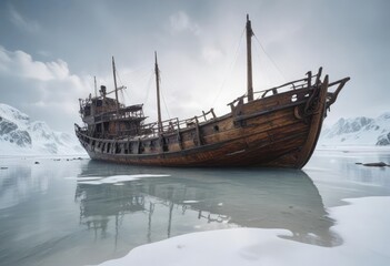 Ancient wooden shipwreck partially submerged in calm waters on a snowy white beach , driftwood, water