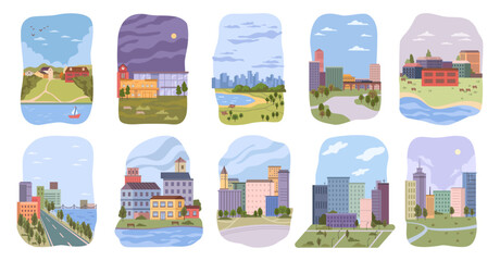 Obraz premium City landscape collection in day and night. Vector view of roads and parks, lakes and rivers, highrise and municipal buildings. Cityscape with greenery and clouds. Suburban and urban life set