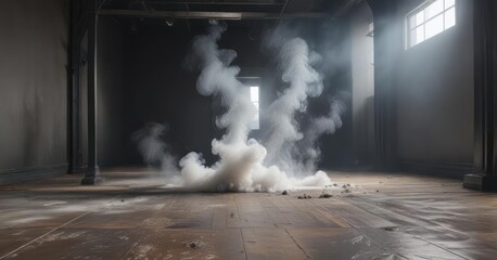 An empty floor with a large amount of smoke pouring from one corner, eerie ambiance, mysterious atmosphere, dark background