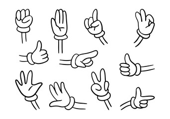 Groovy character body part, isolated hand of personage. Vector arm wearing gloves, gesturing and signs, non verbal communication. Raising fist and stop, indexing finger, and okay, peace and thumb up