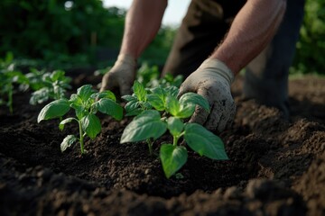 A close-up image showcases a gardener's gloved hands gently planting young plants, highlighting the tender care involved in gardening for a sustainable future.
