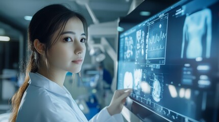 Nurse Monitoring Patients Health on Touchscreen Display in Hospital