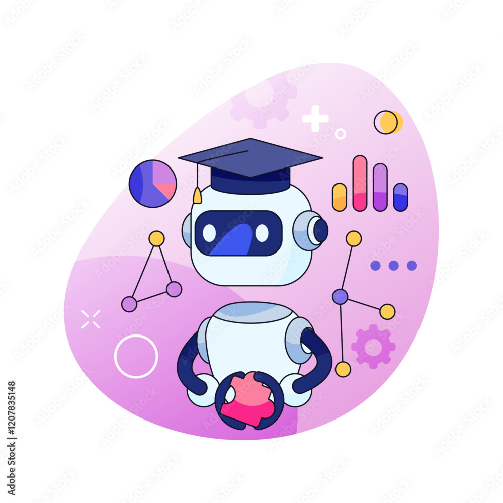 Aufkleber Artificial intelligence machine, isolated robot wearing graduation hat. Vector AI technology and futuristic innovations for business and development. Bot able to think, analyze and solve issues
