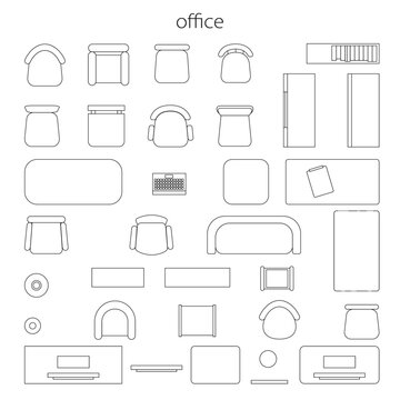 Top view of furniture for office, isolated objects for workspace. Vector flat cartoon, interior design and planning. Sofas and chairs, table with computer or laptop, schematic representation