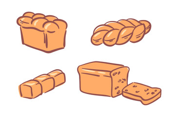 Bakery shop production, isolated set of freshly baked food. Vector goods from flour, dieting and nutrition ingredients from wheat. Healthy natural organic meal, farming and agriculture product