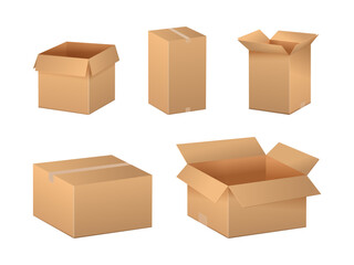 Cardboard box mockup set from side, front and top view, open and closed containers. Vector isolated parcel with tape, packaging template for delivery and distribution company. Courier order express