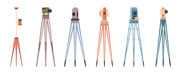 Theodolite for land surveying, isolated set of geodesic equipment. Vector geodesist kit tripod for topography, examination of angle. Precision optical instrument for measuring, industry kit