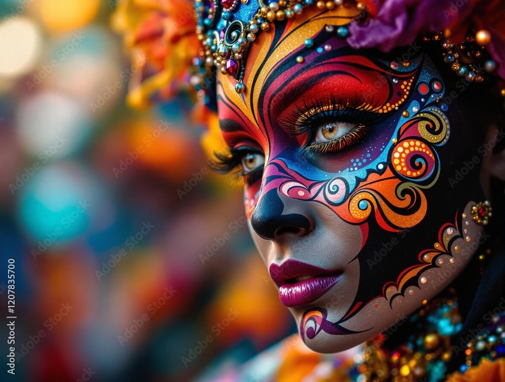Poster a vibrant and intricate face painting with colorful patterns and designs. The background is illuminated with multiple light sources, creating a lively and dynamic atmosphere.
