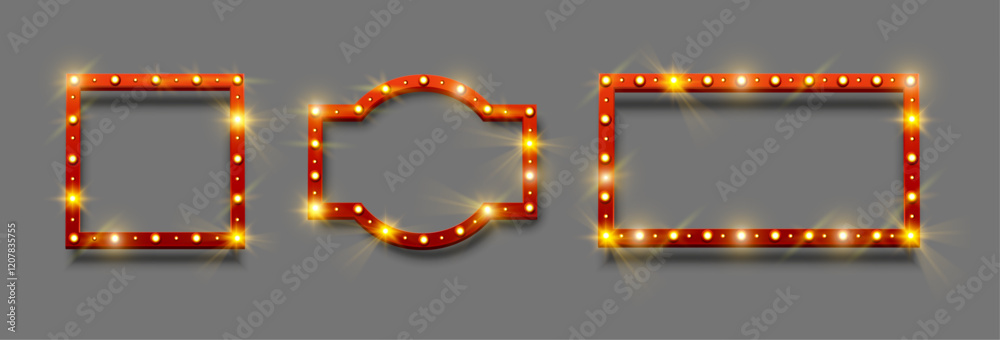 Aufkleber Red retro board empty frames with lights and warm glowing. Vector isolated square signs for night club, party or theatre, cinema or show, casino or chic announcements. Blank banners with copy space