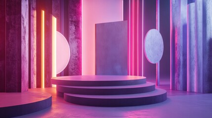 Sleek Angular Design Podium on Stage with Neon Lighting Effects