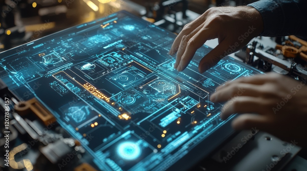 Poster engineer interacting with a futuristic transparent display, manipulating complex schematics and data