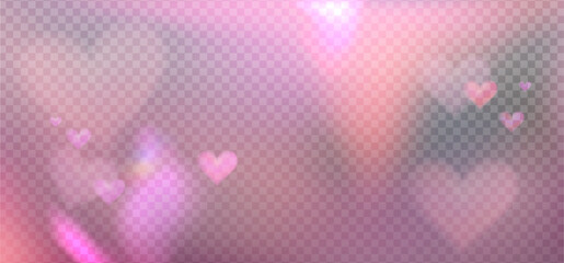 Romantic love light prism reflection effect for light background. Heart shapes glass dispersion, crystal flare leak shadow overlay. Vector illustration