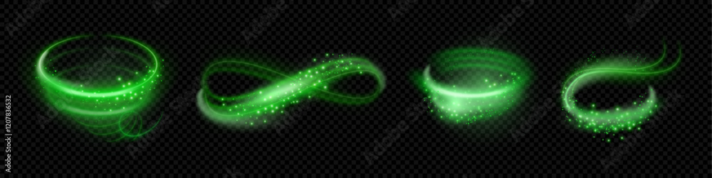 Poster air or green wind flow, isolated set of realistic trails with light and sparkling effects. vector vo