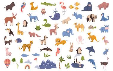 Land and ocean creatures, biodiversity of animal and plant species. Vector cartoon fauna and flora, isolated amphibians and fishes, mammals and birds, reptiles and mollusks, mountains and clouds