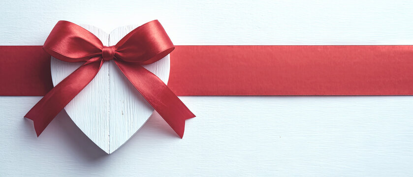 Coraz&oacute;n de madera blanco decorado con lazo rojo y cinta sobre fondo de madera blanca que representa el d&iacute;a de San Valent&iacute;n