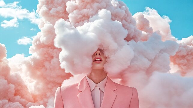 A woman with her face covered by cotton candy clouds.