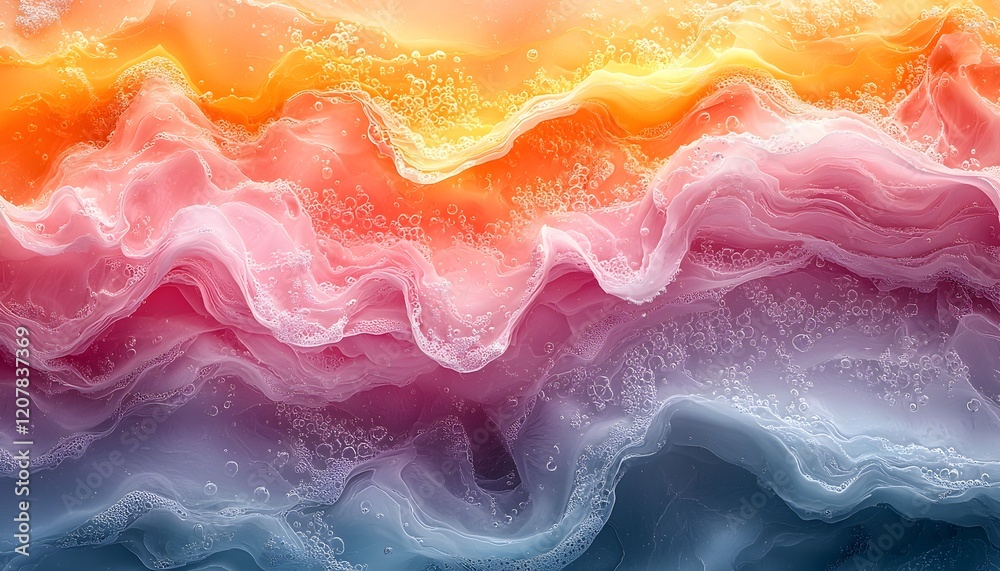 Poster abstract fluid background with vibrant colors of orange, pink, and blue, featuring flowing waves and