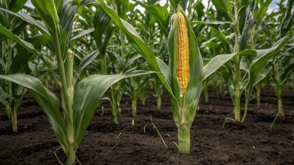 Fototapeta premium A single ear of ripe corn growing on a stalk in a vast cornfield, with green leaves and a blue sky in the background.