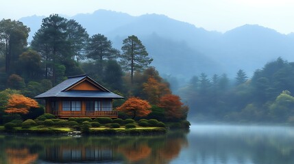 Fototapeta premium Serene Lakeside House Autumnal Landscape Mountain View