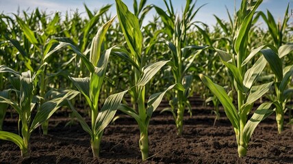 A single ear of ripe corn growing on a stalk in a vast cornfield, with green leaves and a blue sky in the background.