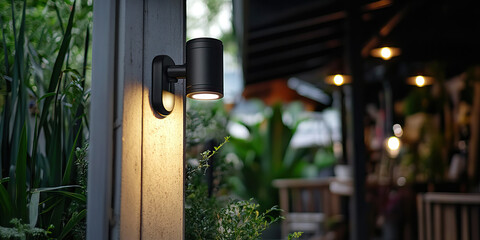Black Cylindrical Outdoor Wall Light with Foliage and Background Lighting