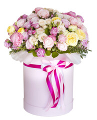 huge bouquet of delicate roses in a cardboard pink box with bows.  Isolated on white background. Isolated on transparent. png format available