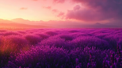 Obraz premium Lavender Field Sunset Scenic Mountain View