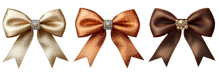 Elegant Satin Ribbon Bows: Three exquisite satin ribbon bows in classic beige, warm orange, and rich brown, each adorned with a sparkling rhinestone, evoke timeless elegance and sophistication.  