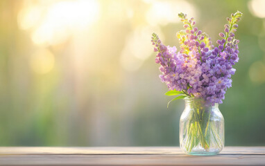 vibrant bouquet of spring flowers in glass vase, showcasing beautiful purple blooms. soft sunlight creates warm and inviting atmosphere, perfect for brightening any space