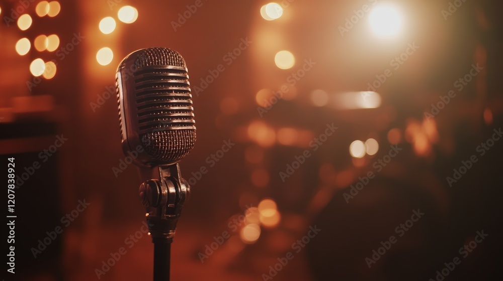 Aufkleber vintage microphone is placed center stage under warm lighting, ready for a singer or comedian to per