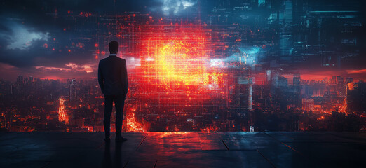 Businessman standing on a rooftop overlooking a cityscape with digital connections and technology symbols.