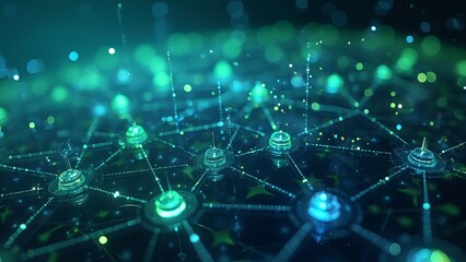 A 3D abstract rendering of a financial grid, with interconnected nodes glowing in blue and green
