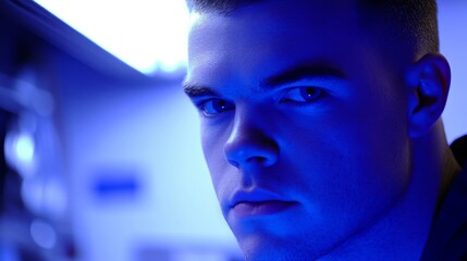 Intense Close-up of Focused Young Man with Blue Lighting in Modern Environment, Capturing Emotion and Depth in a Contemporary Setting